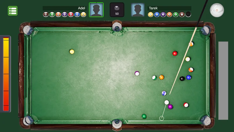 A mid-game table with the aiming guide visible.