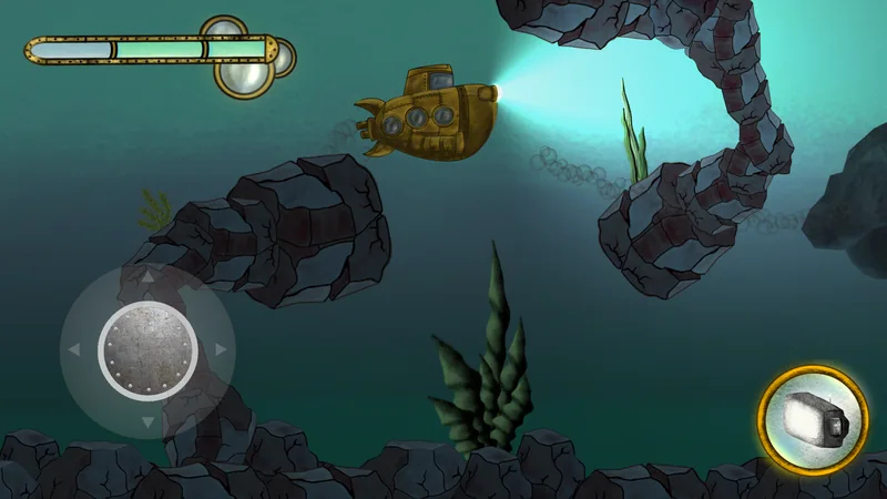 Piloting the submarine through an underwater cave.