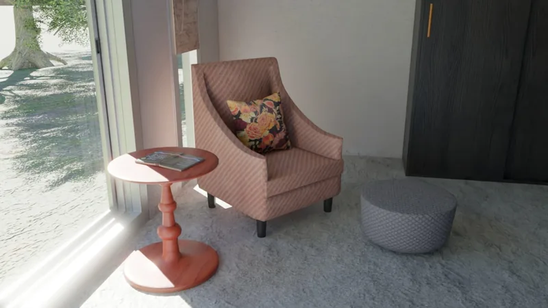 A reading corner beside a full-height window.