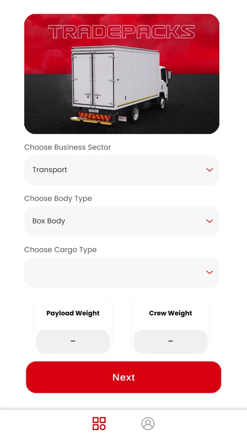 The configuration form for body, cargo, and load choices.