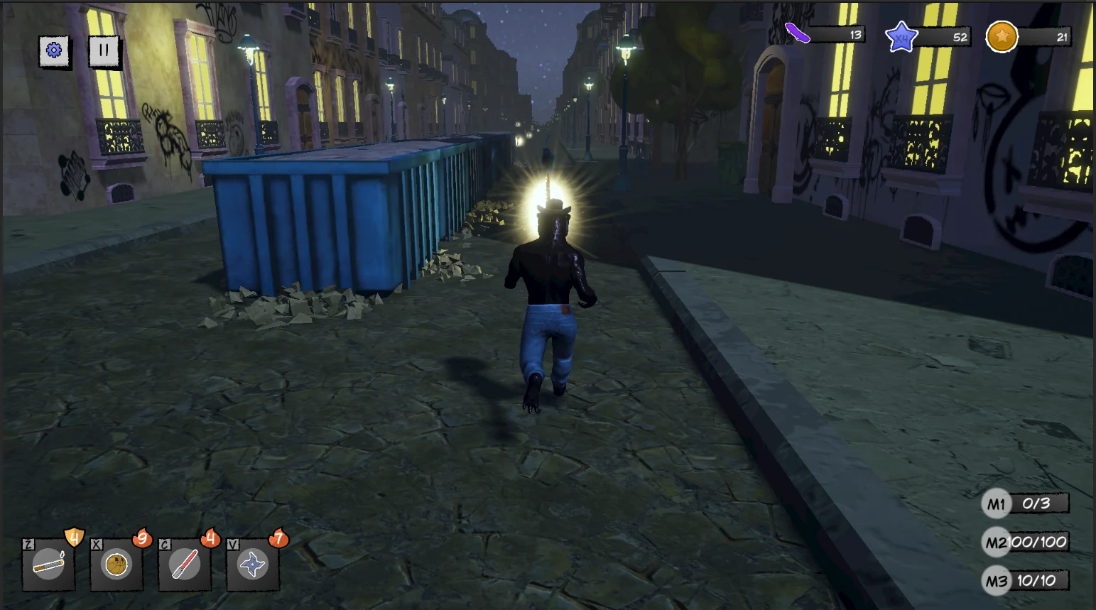 Gameplay capture of The Hunt: the Rex character runs down a night-time city street past a blue skip, with currency and star counters along the top, a pickup bar along the bottom and mission counters at the lower right.
