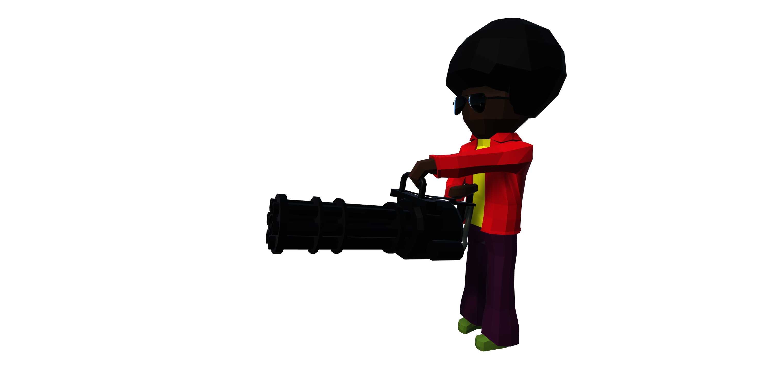 Original Groovy Death character with afro, red jacket and minigun