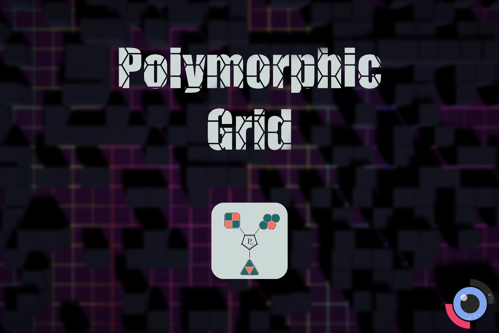 Polymorphic Grid title card: the project name in a sliced display face over a dark grid of interlocking squares, hexagons and triangles, with the asset icon below.